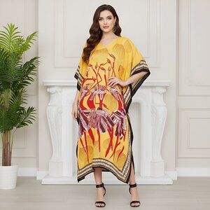 Women Yellow Tribal Printed Kaftan Dress Summer Maxi Dresses by Gypsie Blu